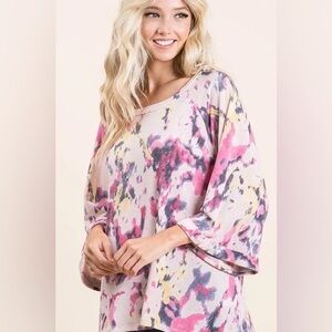 BiBi Tie Dye Print Terry A Line Top with Bell Sleeves